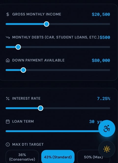 Financial calculator showing income, debts, down payment, interest rate, loan term, and DTI target inputs with blue slider controls